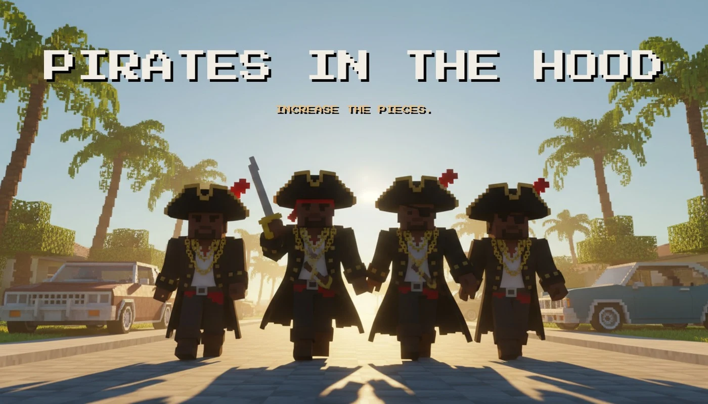 Four voxel pirates walking down a palm-lined street at sunset, titled Pirates in the Hood
