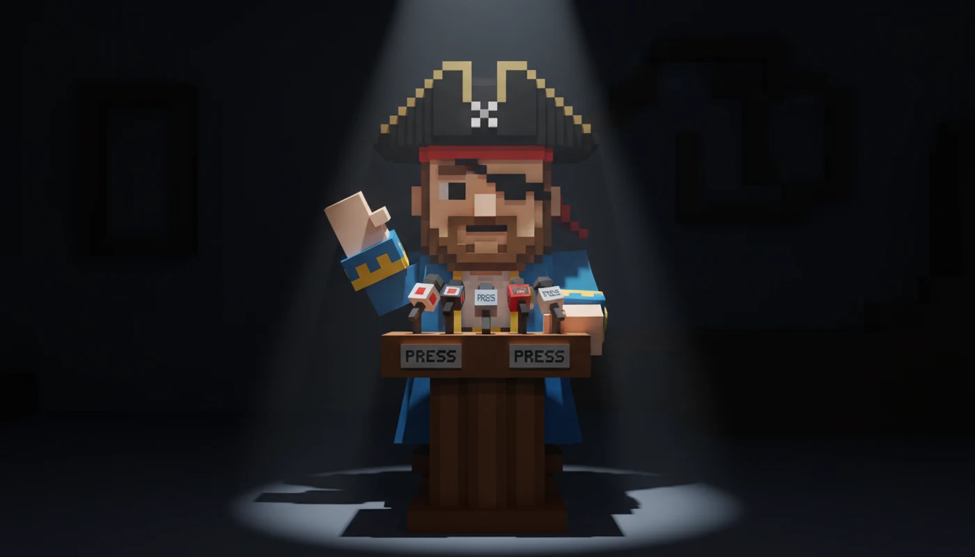 a pirate at a press podium raising his hand